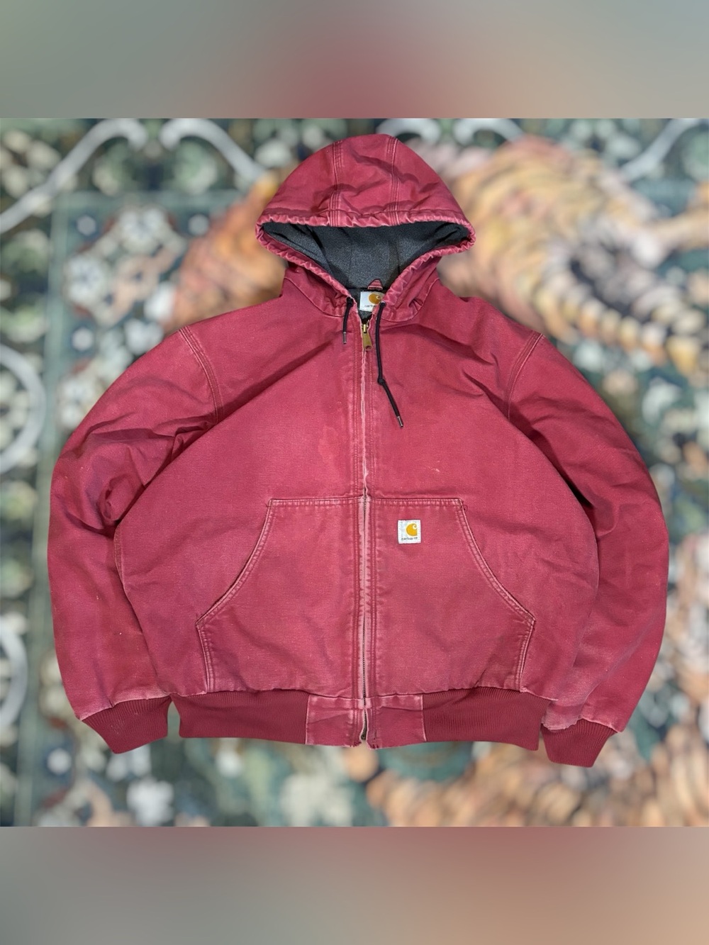 Vintage Carhartt J158 DKR Dark Red Lined Duck Canvas Hooded Active Jacket Large